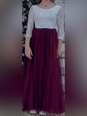 Ivory Lace Top Burgundy Tulle Maxi Dress, Girls size 10-12 years